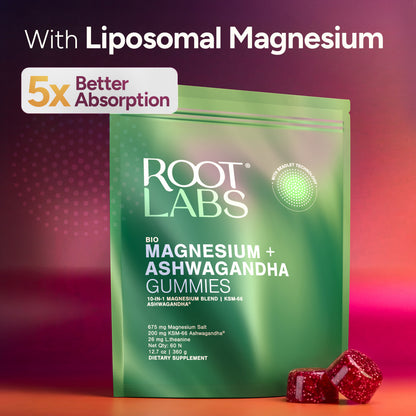 Root Labs Liposomal Magnesium + Ashwagandha Gummies with Beadlet Technology | 675mg Multi-Form Magnesium Salt, 200mg KSM-66 Ashwagandha, 26mg L-Theanine | High Bioavailability Gummies | Stress Relief, Sleep Support & Recovery | 60 Gummies (30 Servings)