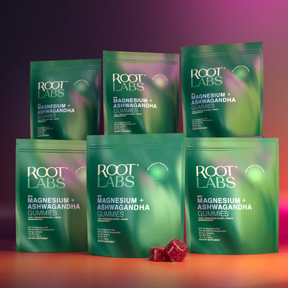 Root Labs Liposomal Magnesium + Ashwagandha Gummies with Beadlet Technology | 675mg Multi-Form Magnesium Salt, 200mg KSM-66 Ashwagandha, 26mg L-Theanine | High Bioavailability Gummies | Stress Relief, Sleep Support & Recovery | 60 Gummies (30 Servings)